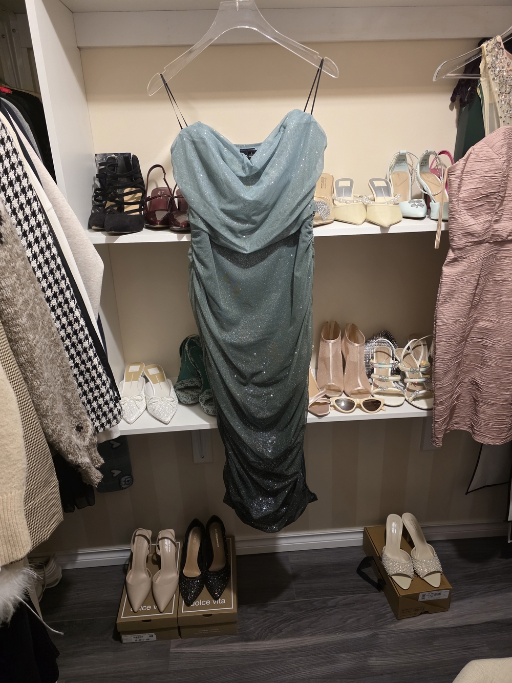 Elegant Sparkle Draped Slip Dress in Teal Ombre